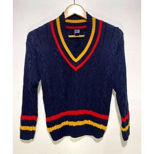 GAP VTG cable knit fisherman sweater V neck trim Rame cotton navy blue women L
